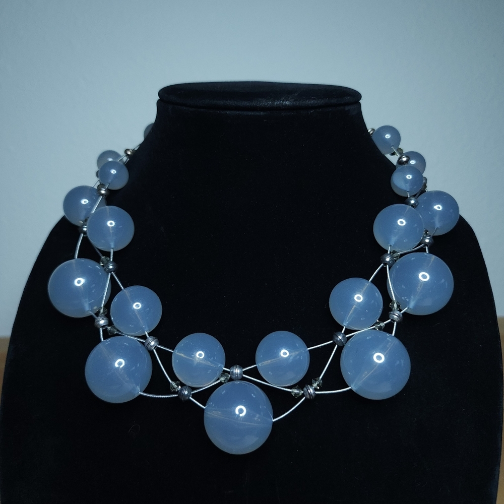 Vintage Blue Beaded Necklace Graduated Celestial Handmade Modernist 20" Y2k